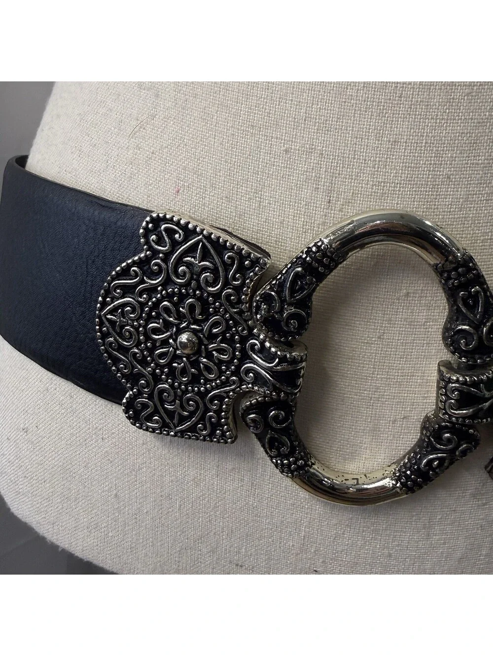 CHICOS Black Leather Mandala Silver Gold Hook Buckle Belt S/M Boho Western Wide